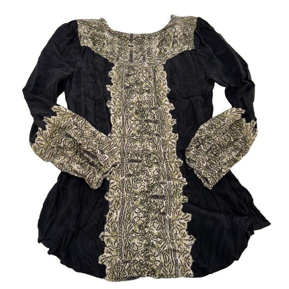 Free People Blouse Womens Medium Black Beige Boho Tapestry Peasant Tunic Top - Picture 3 of 9